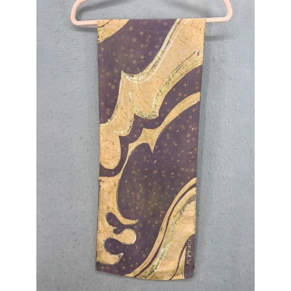 VTG M. Price Silk‎ Scarf Women OS Purple Gold Abstract Batik Hand Painted Hemmed